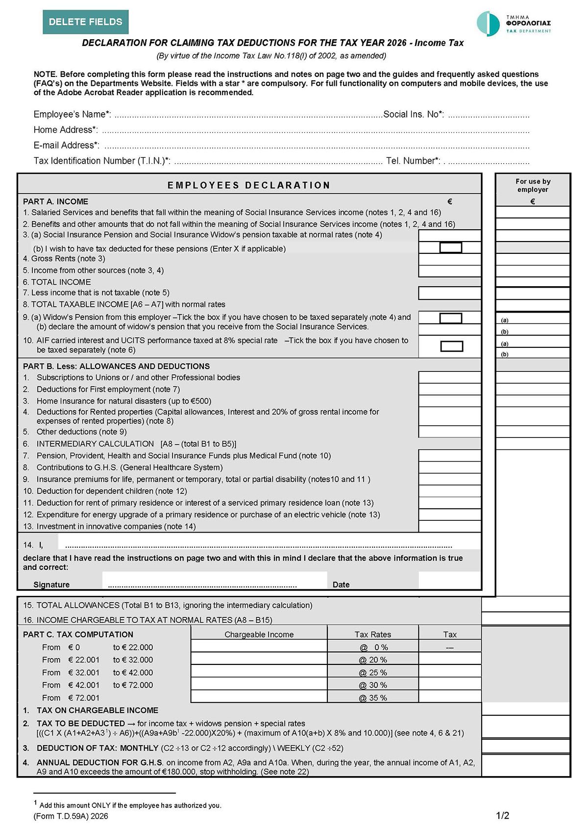 Form TD.59 - Declaration of allowances